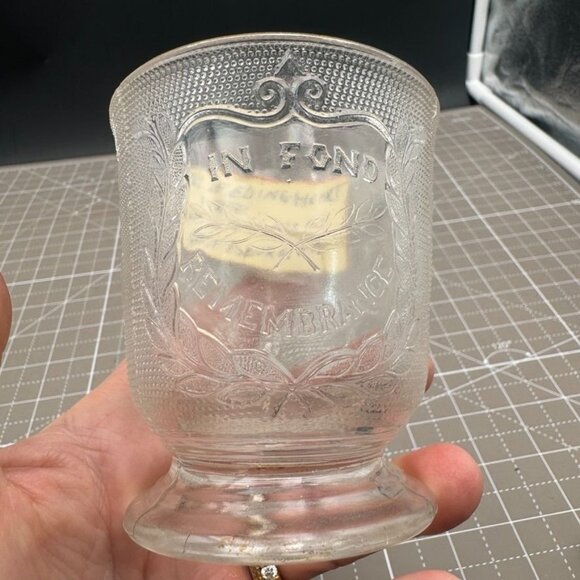 King Glass Co Scarce 1870 Bleeding Heart Childs Glass Mug In Fond Remembrance Mu